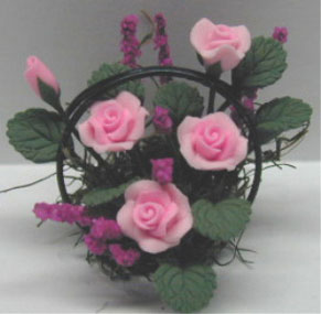 Dollhouse Miniature Pink Roses/Wire Basket 1 1/4